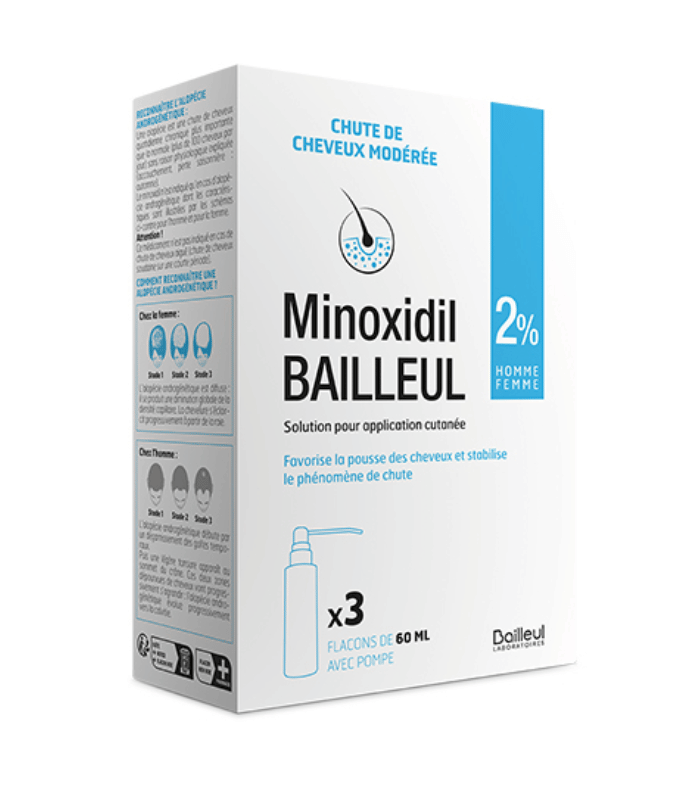 Minoxidil Bailleul 2% Solution Anti-Chute Cheveux Homme & Femme 3x60ml